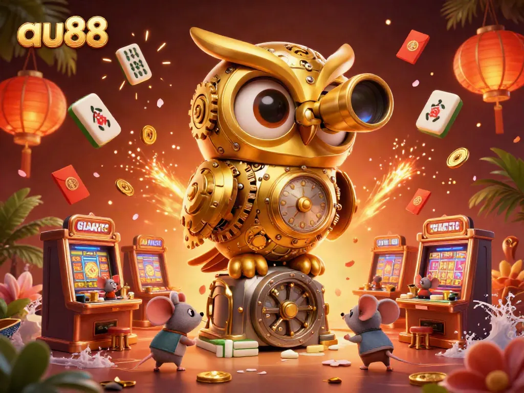 Experience the vibrant excitement of au88 casino with lively game elements dancing around a whimsical scene.
