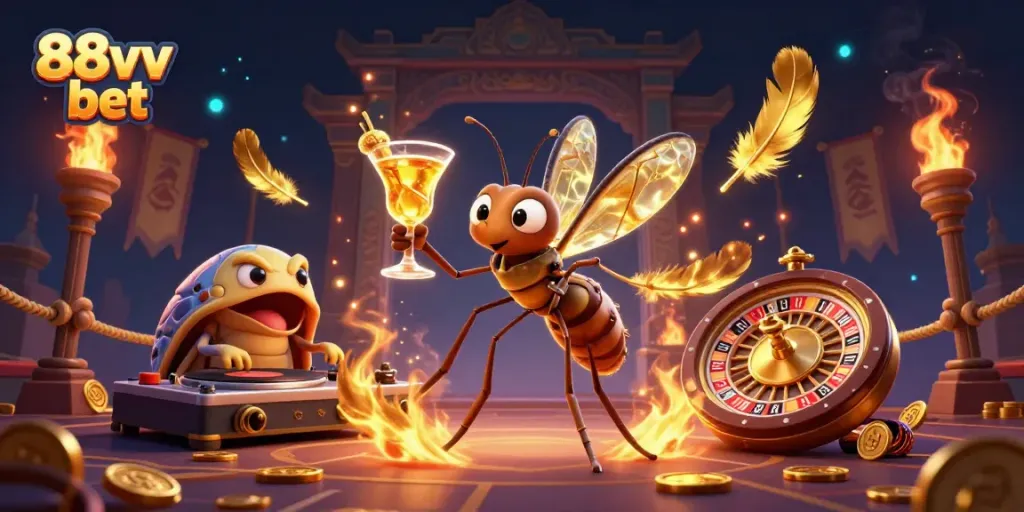 Experience the thrill of 88vv bet with a vibrant 3D casino scene featuring dynamic characters and elements.