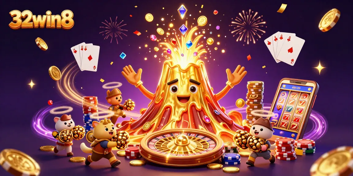 Experience the excitement of 32win8 with a golden volcano erupting treasures in a thrilling casino scene.