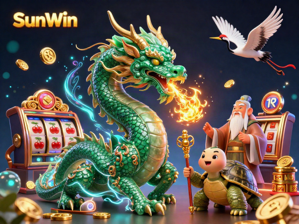 Experience the thrill of SunWin's gaming with a vibrant 3D illustration of mythical characters and casino elements.