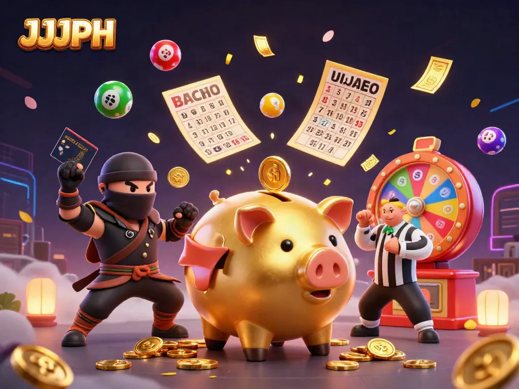 Experience dynamic excitement with JJJPH's lively 3D casino illustration featuring a golden piggy bank sumo wrestler.