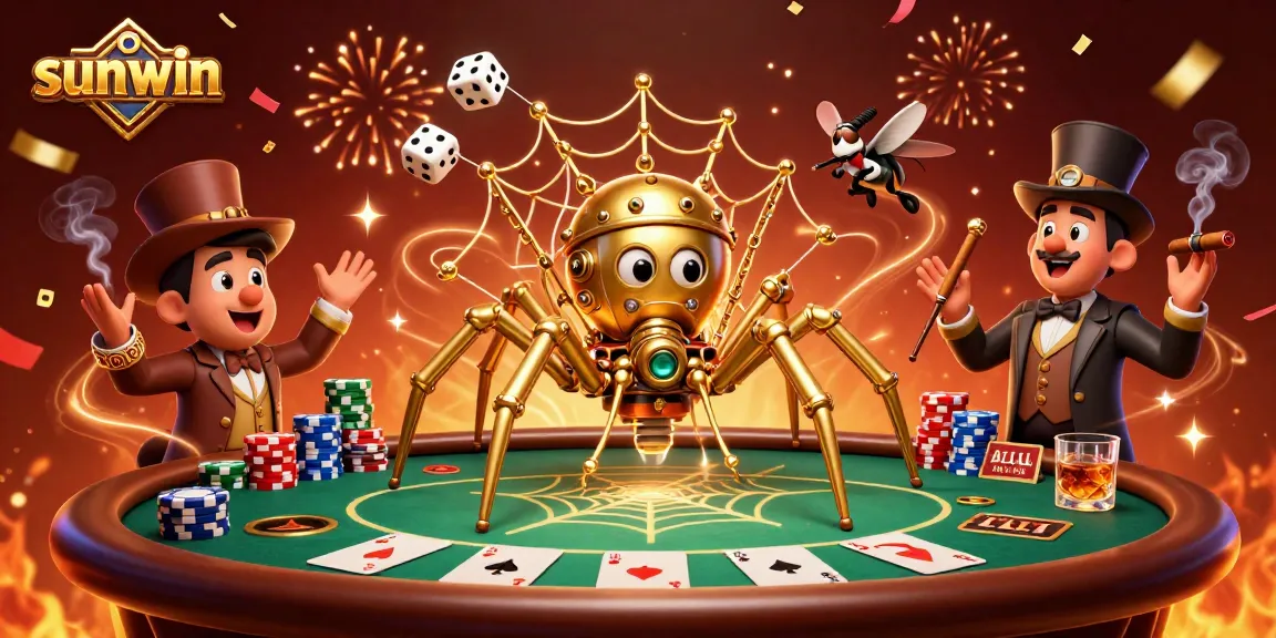 Capture the excitement at sunwin with a steampunk spider in a vibrant casino scene.