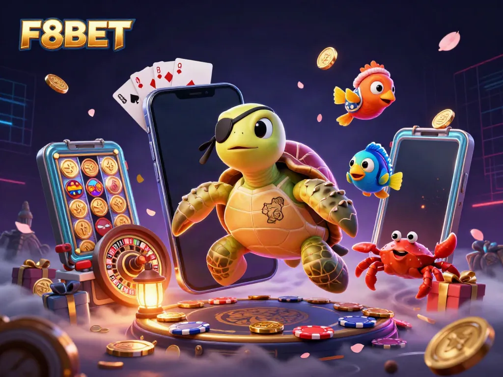 Experience the thrill of F8BET with a vibrant 3D casino illustration featuring lively characters and game elements.