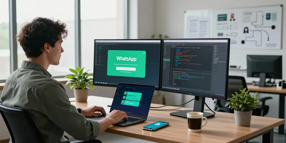 Developer showcasing WhatsApp下載 process in a modern workspace with dual monitors and a laptop.