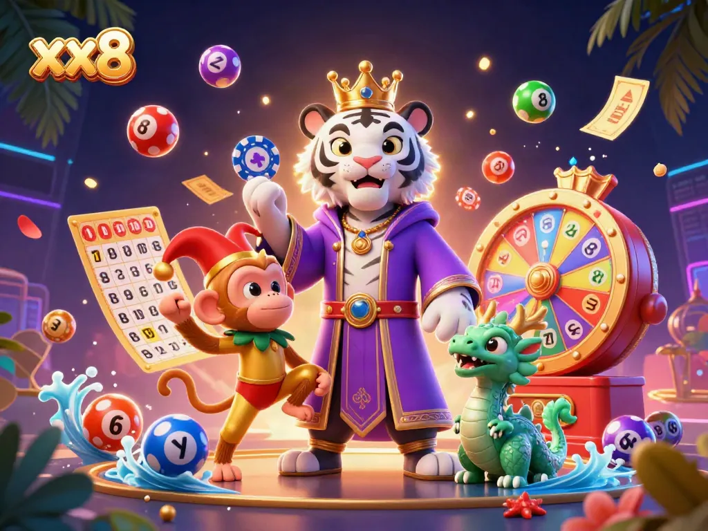 Engaging illustration of the brand xx8 with a majestic tiger and playful monkey surrounded by colorful gambling elements.