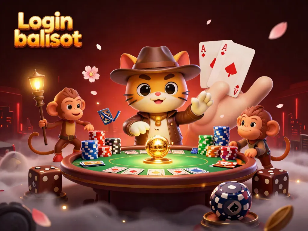 Login balislot in a vibrant 3D scene with an explorer cat and monkey amidst colorful poker elements.