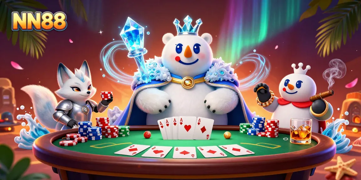 Experience thrilling poker action with NN88 featuring a cartoon ice king and snow fox duo.