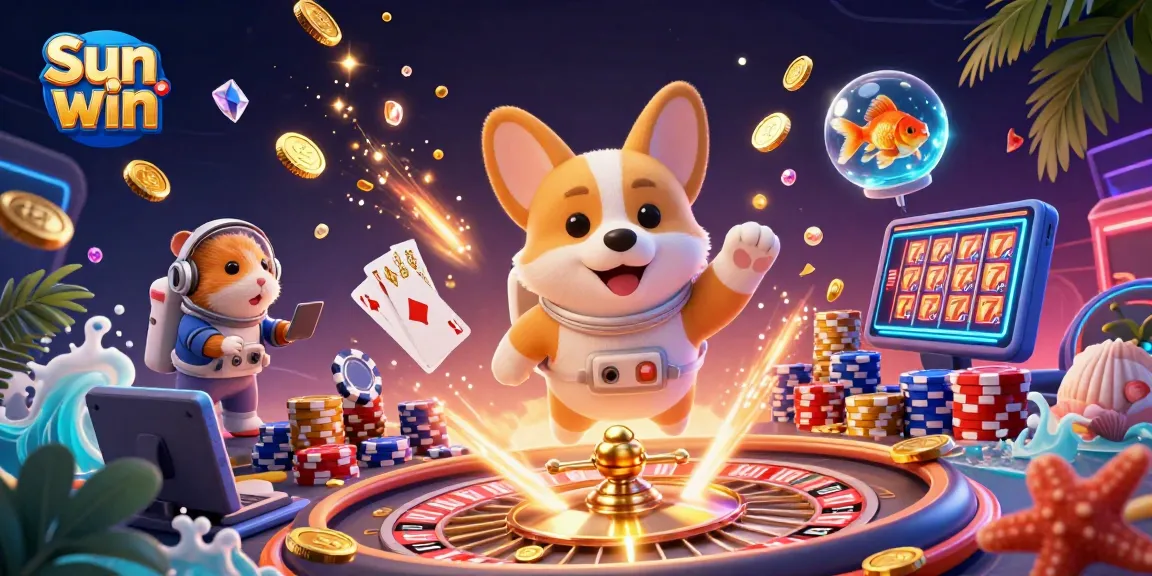 Experience the thrill of Sun win in a space station casino with floating characters and casino elements.