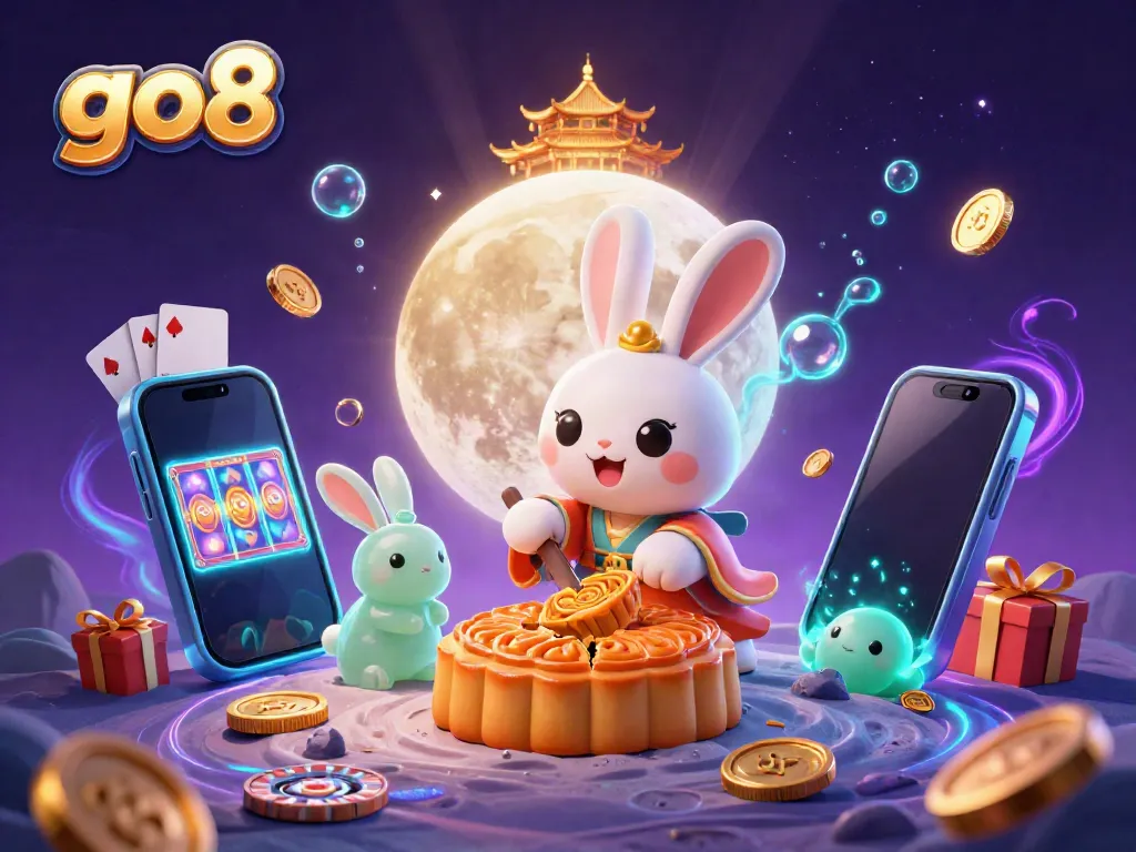 Engage with go8 casino games featuring a moon rabbit and poker chips bursting from mooncakes.