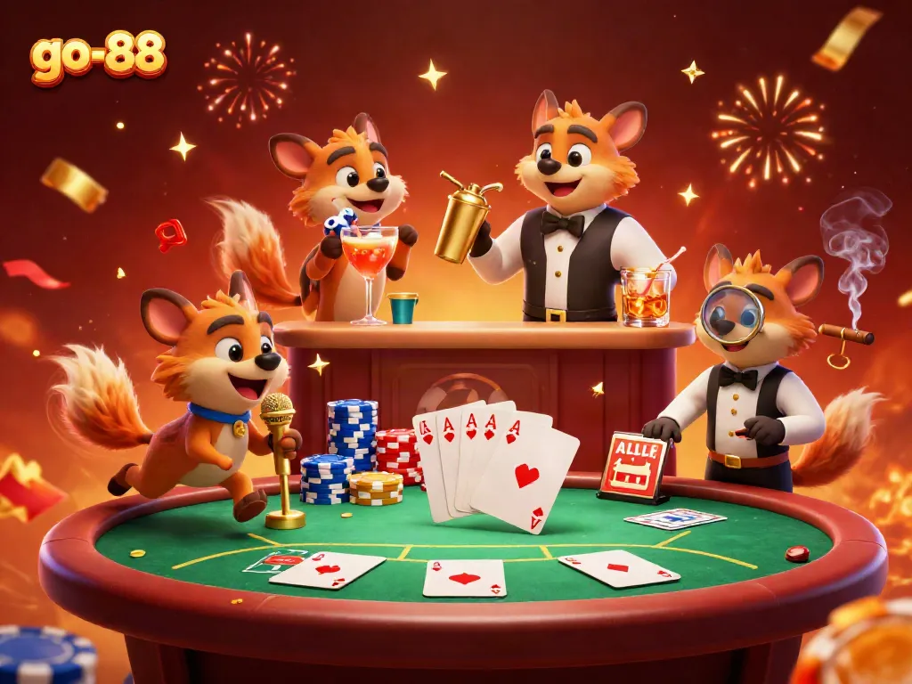 Experience thrilling gaming excitement at the go-88 comedy casino, featuring vibrant hyenas and casino elements.