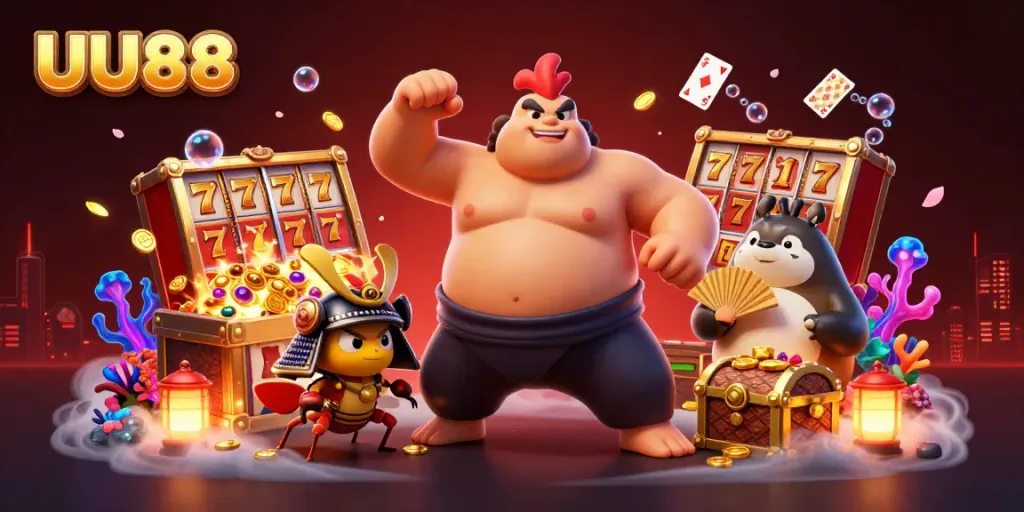 Experience the excitement of UU88 with a vibrant 3D casino scene featuring dynamic characters and gambling elements.