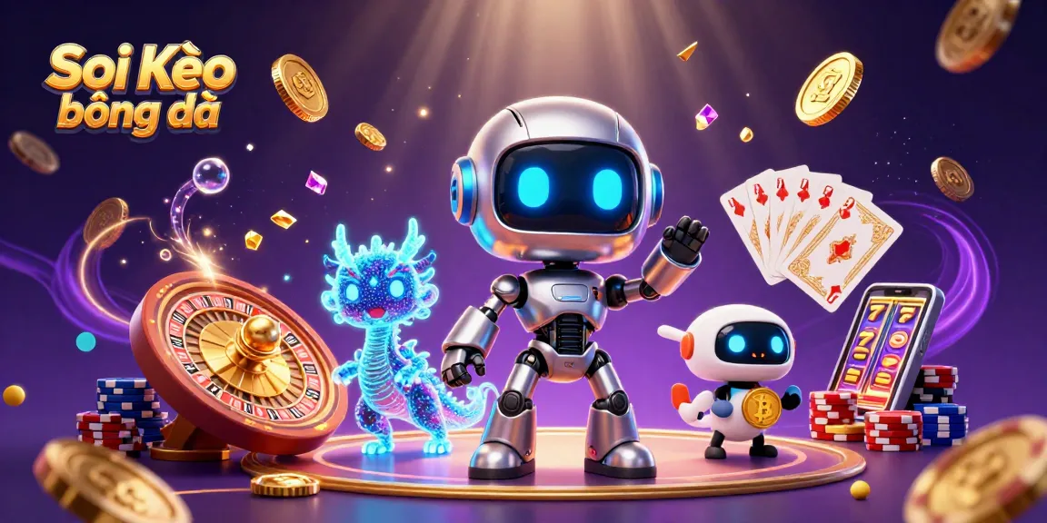 Soi Kèo bóng đá action featuring a cyberpunk robot and holographic dragon in an energetic casino scene.