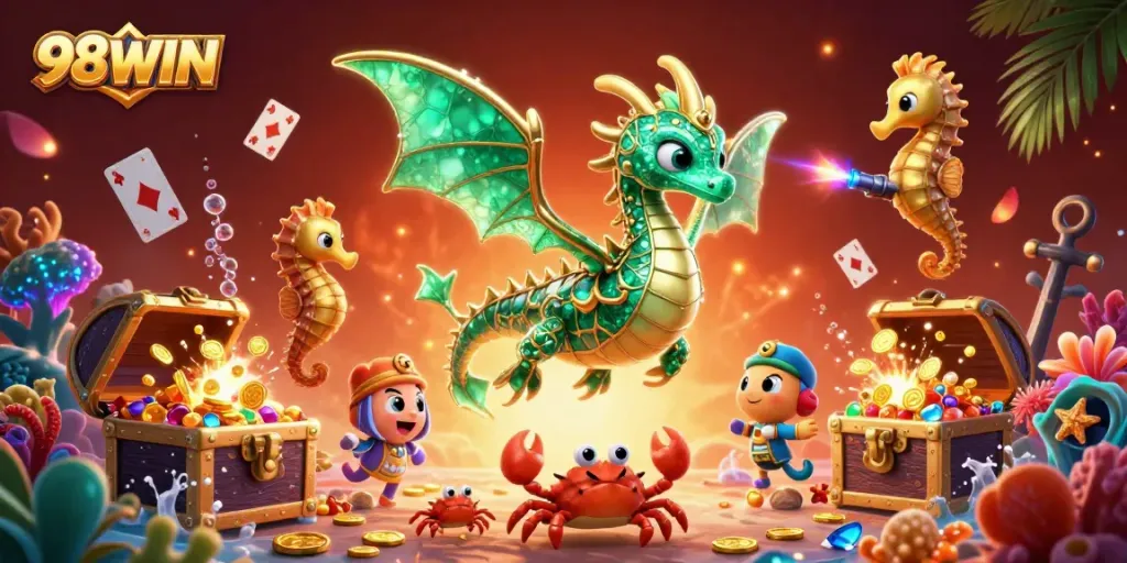 Experience the thrill of play with 98WIN as vibrant sea creatures and treasures surround you in an animated casino world.