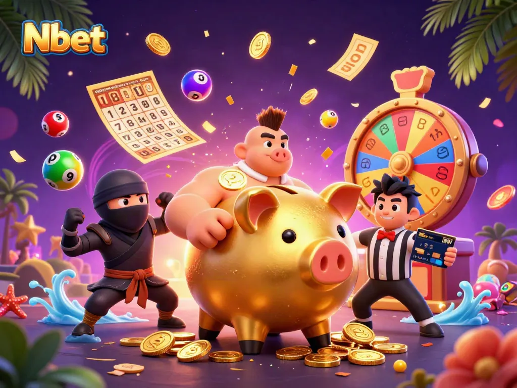 Nbet's lively illustration shows a vibrant casino scene with playful characters engaging in games of chance.