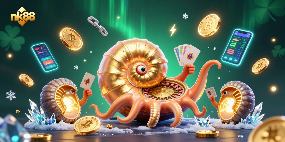 Engage with nk88 and win big in a vibrant 3D casino scene illuminated with crypto elements.