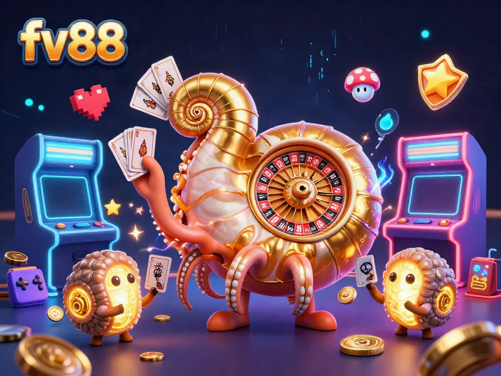 Experience thrilling gaming at fv88 with vibrant 3D casinos, roulette wheel, and glowing arcade games.