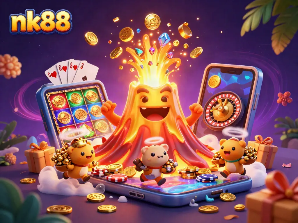Experience thrilling wins at nk88 with a gold volcano erupting coins and gems in a vibrant casino scene.