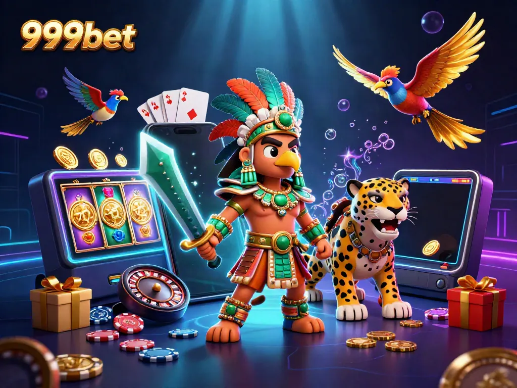 Experience thrilling gaming with 999bet featuring an Aztec warrior and dynamic slot elements.