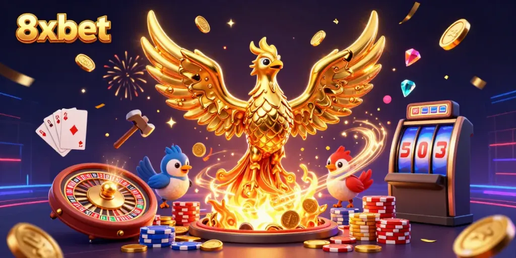 Experience the thrill of 8xbet with a dynamic casino scene featuring golden phoenix and winning elements.