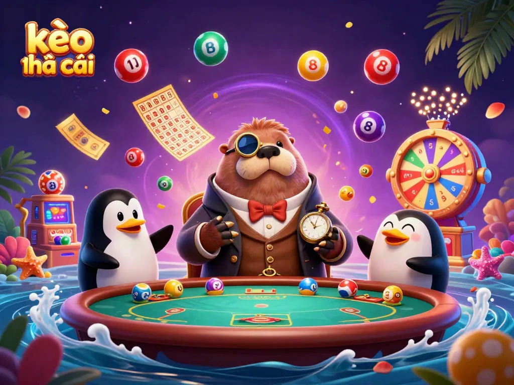 Engaging scene of kèo nhà cái with a walrus, penguin dealer, and pufferfish at an underwater poker table.