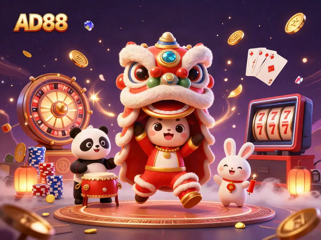 Experience thrill at AD88 with colorful characters celebrating and winning amidst casino excitement.
