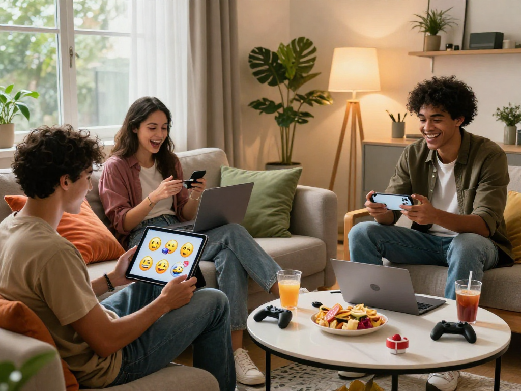 Engaging nsfw AI chat session with friends animatedly sharing fun messages and reactions in cozy home settings.