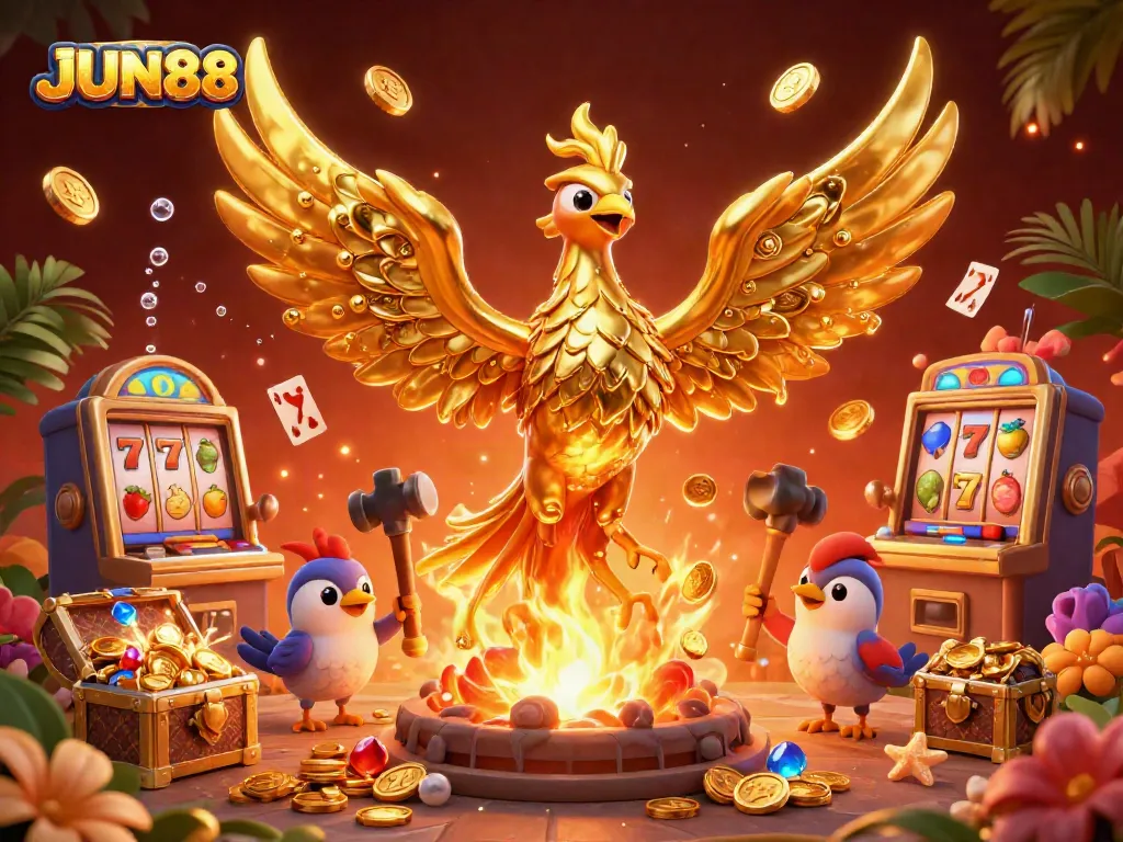 Experience gaming thrills at JUN88 with a dynamic golden phoenix and vibrant casino elements.