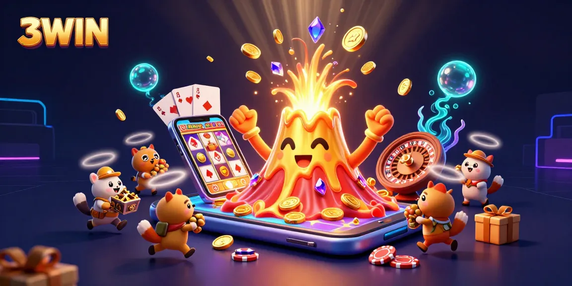 Experience thrilling wins at 3WIN with vibrant casino games showering coins and treasures