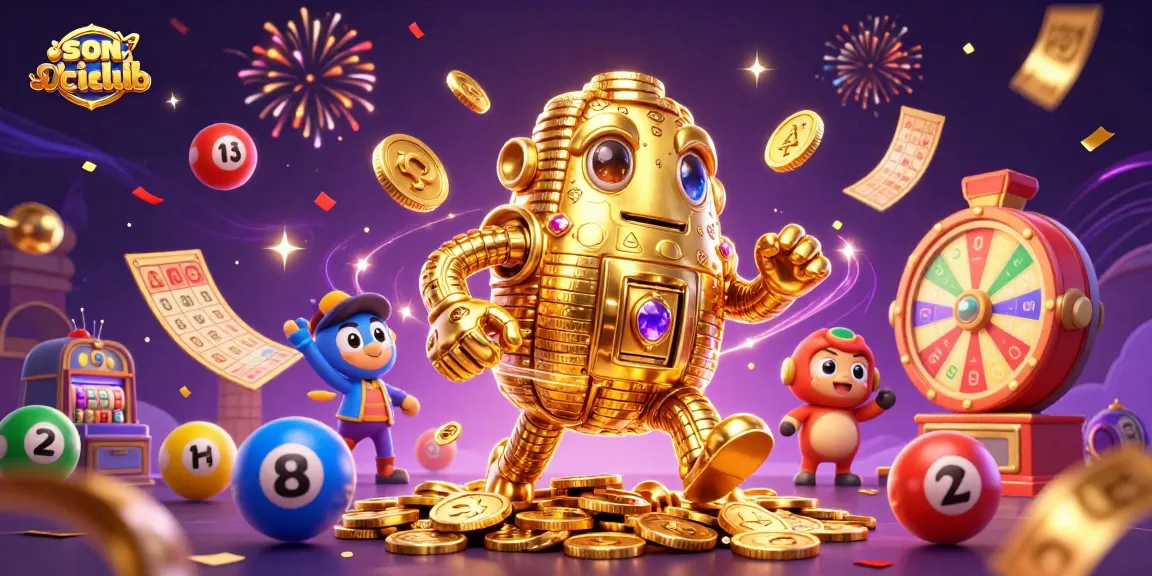 Join the excitement at sonclub with a golden golem and vibrant gaming symbols showcasing thrilling online casino entertainment.