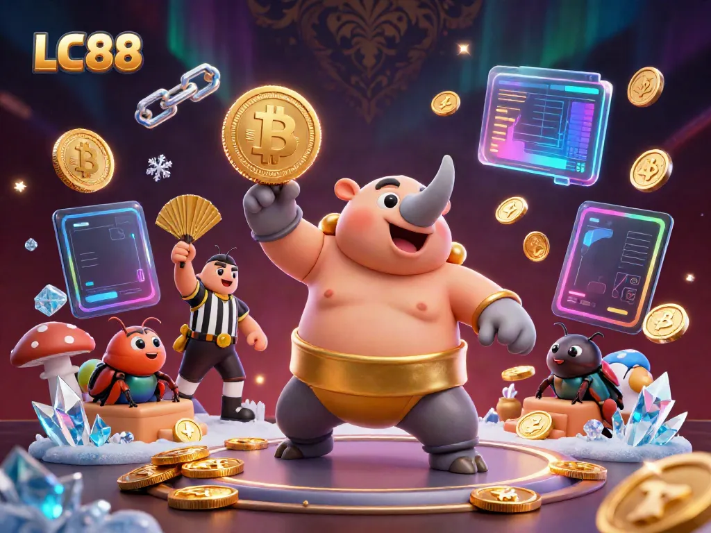 Experience the excitement of LC88 with a 3D rhinoceros beetle champion amid flying coins in a vibrant casino scene.