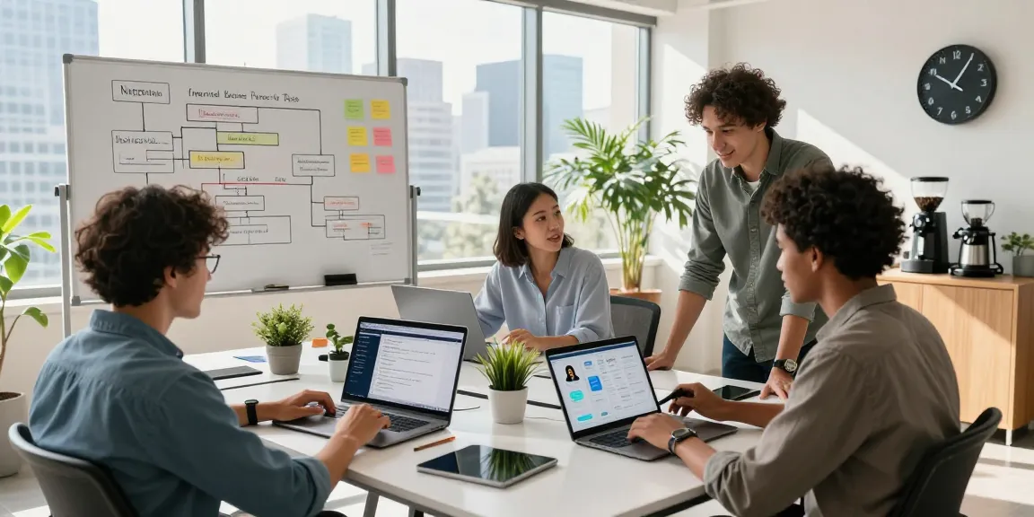 Build internal tools with AI in a dynamic team meeting, showcasing collaboration and technology.