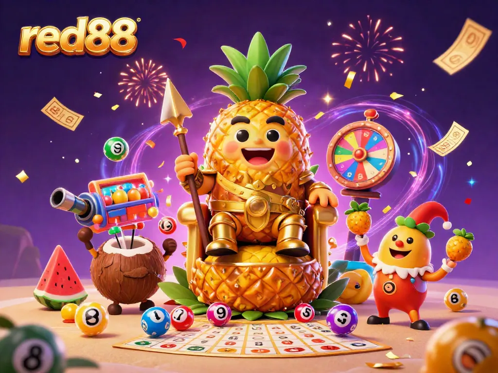 Experience exciting gaming action with red88 featuring a vibrant scene filled with a cartoon pineapple king and dynamic casino elements.