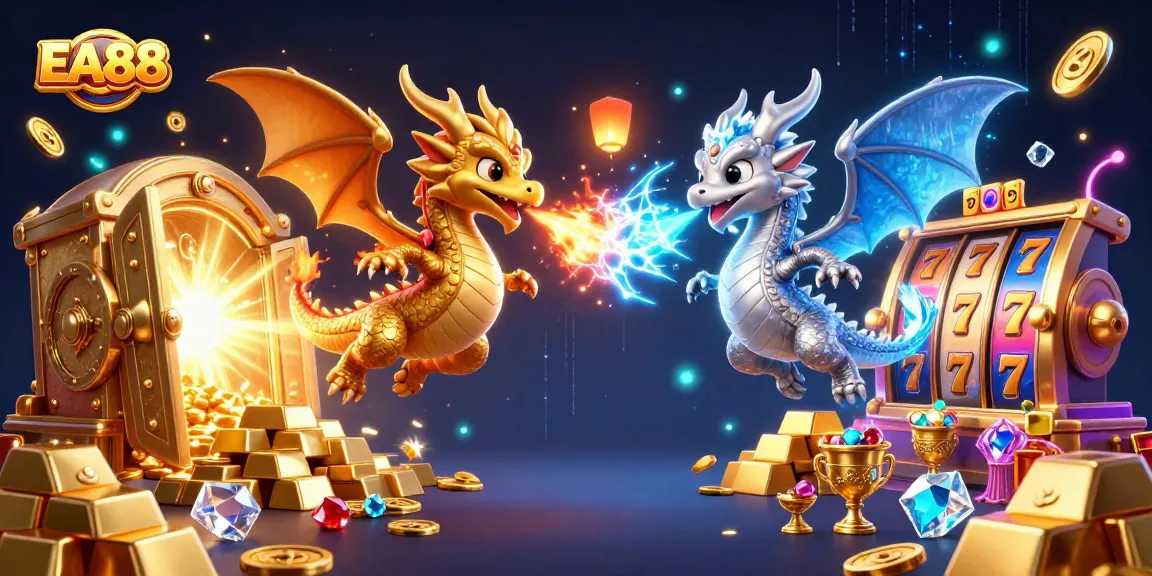 Experience the excitement of EA88 with mythical dragons and illuminated treasures in a vibrant casino scene.