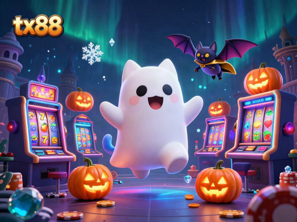 Engage with tx88's ghost cat and bat in a vibrant haunted casino scene filled with slot reels.