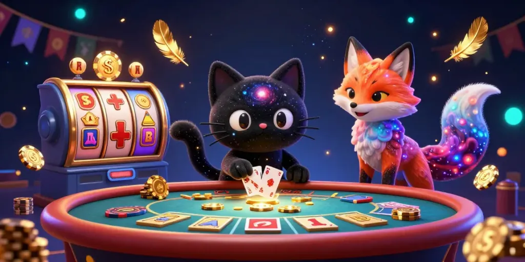 Join the excitement at F8BET with a captivating cosmic casino scene featuring playful characters and vibrant game elements.