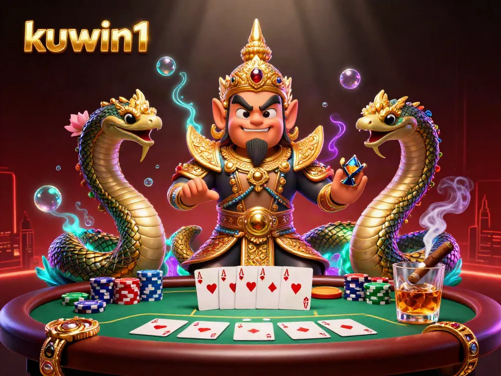 Engage with kuwin1 in a vibrant poker scene featuring a temple guardian and mythical creatures.