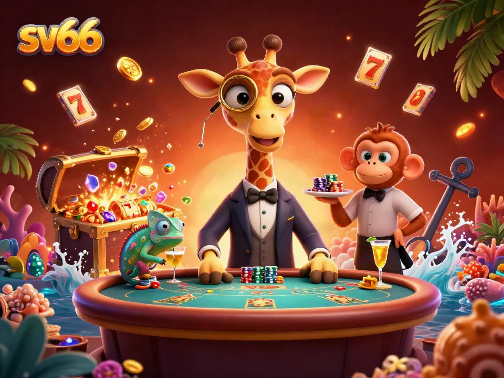 Experience the vibrant gaming adventure at sv66, featuring a high-roller giraffe, monkey valet, and chameleon bartender.