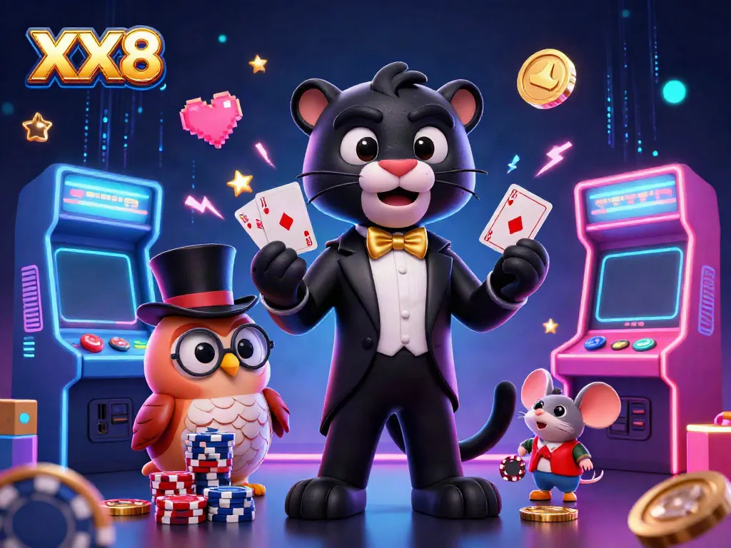 Experience XX8 casino excitement with a stylish black panther dealer in a vibrant game scene.