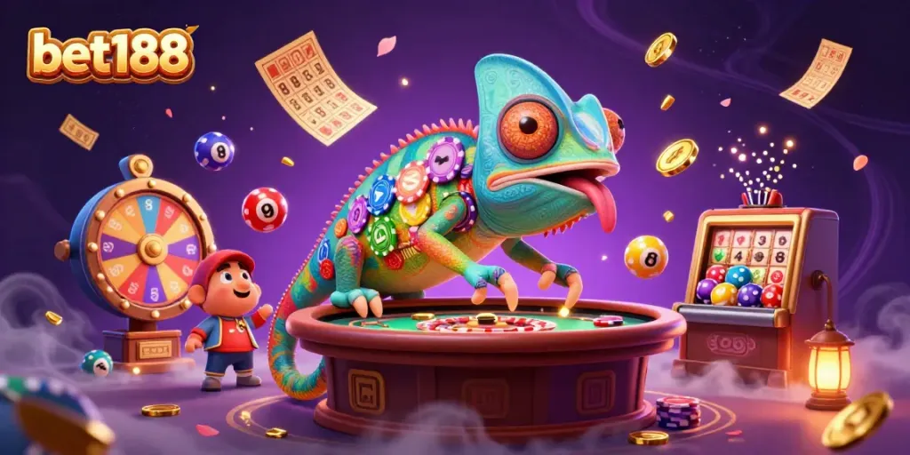 Bet188 casino illustration with a vibrant chameleon owner and dynamic elements like lottery balls and golden tickets.