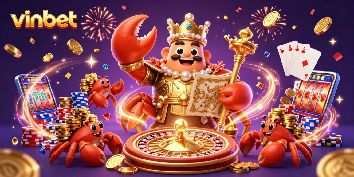 Experience the vibrant world of vinbet with a golden crab emperor amidst casino treasures.