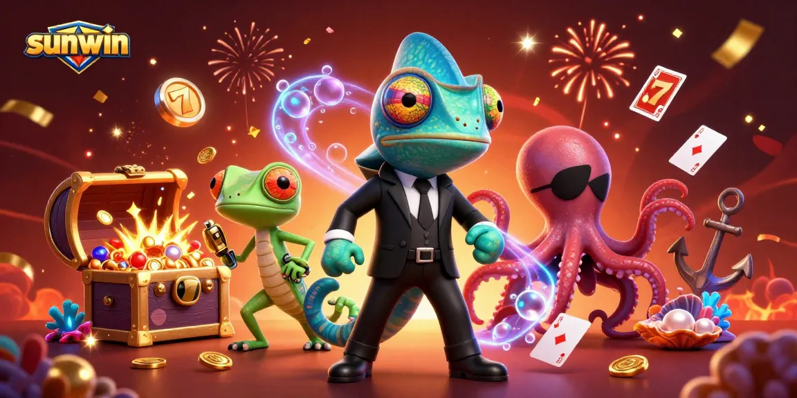 Experience thrilling gaming action with sunwin's vibrant casino characters amidst slot symbols and treasure bursts.