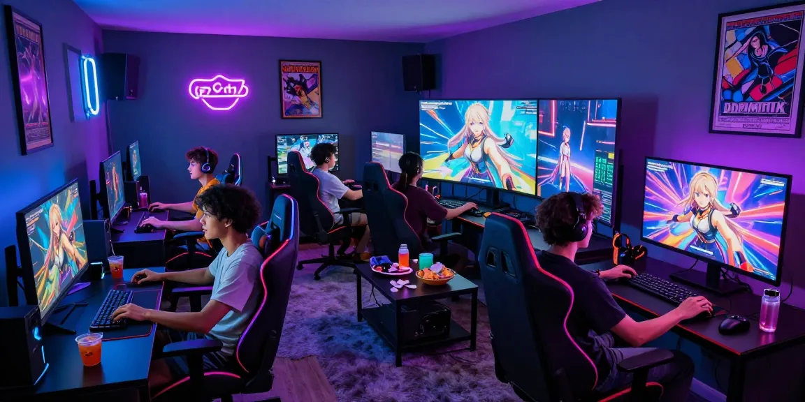 Group of friends playing a hentai game in a vibrant gaming room filled with snacks and colorful lights.