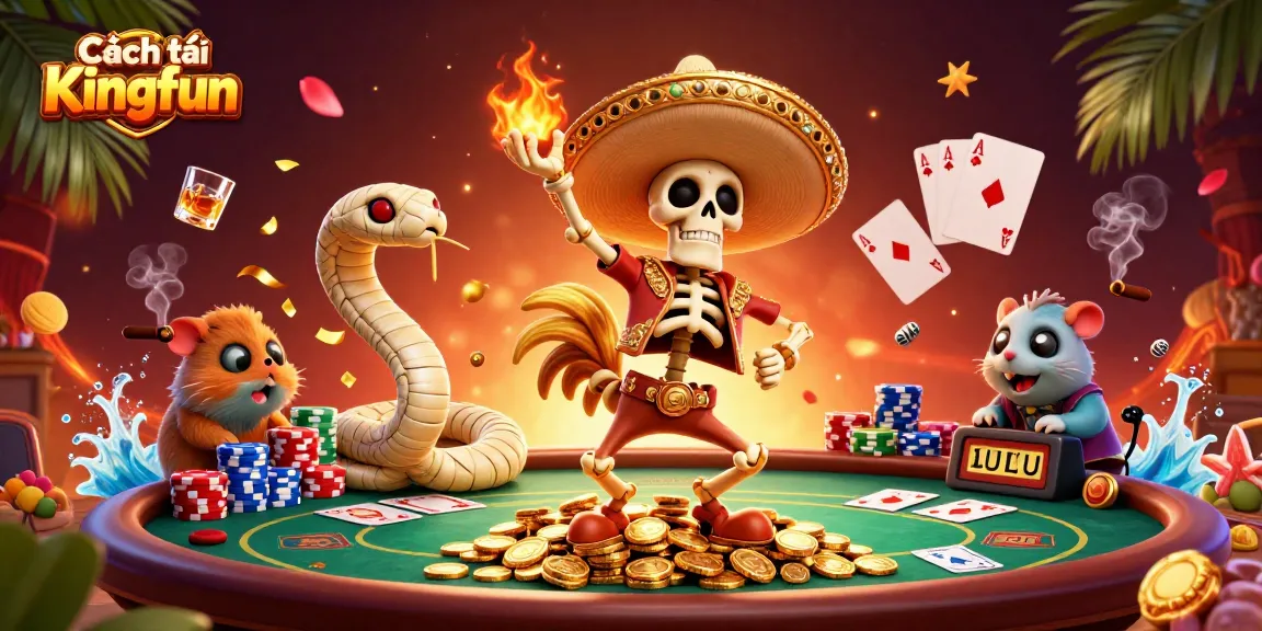 Engage in thrilling gaming action with Cách tải Kingfun, featuring vibrant casino characters and elements.