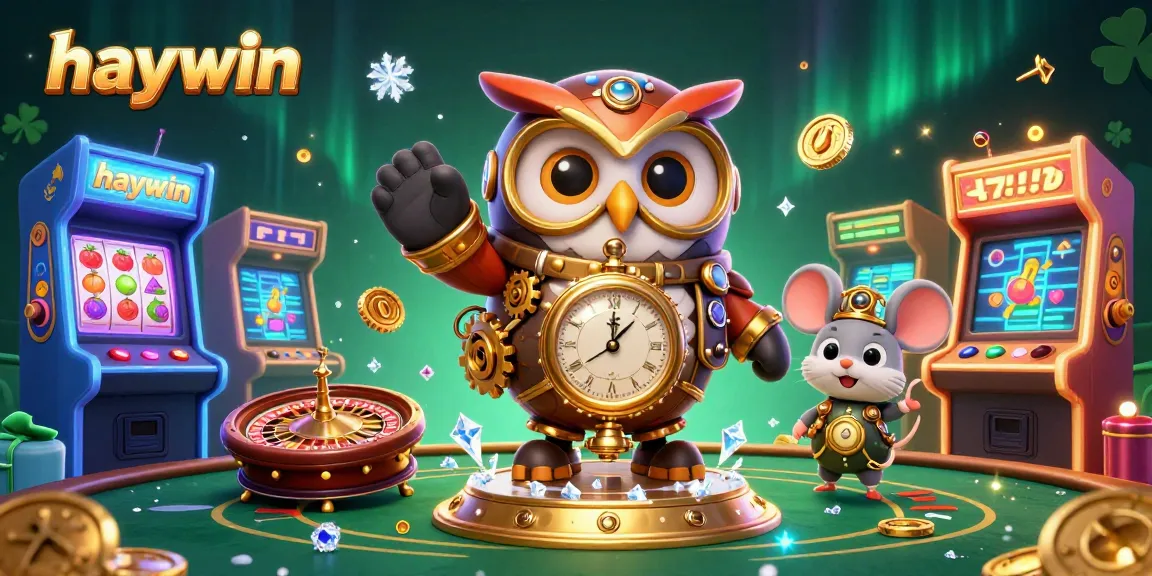 Experience thrilling gaming at haywin with a vibrant casino illustration featuring animated characters and classic slot elements.