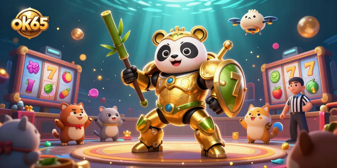 Experience the thrill of ok65 as a golden panda masters slot reels in a vibrant casino arena.