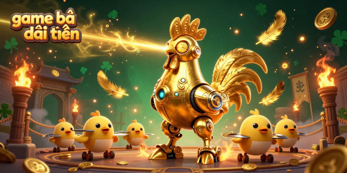 Enhance your chances in game bài đổi thưởng with a dynamic scene featuring golden rooster robot and baby chick drones.