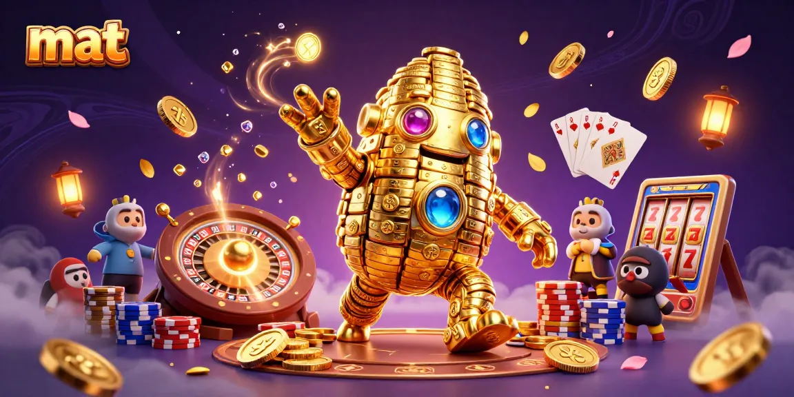 Spin slot reels and win with mat-themed golden golem surrounded by casino elements