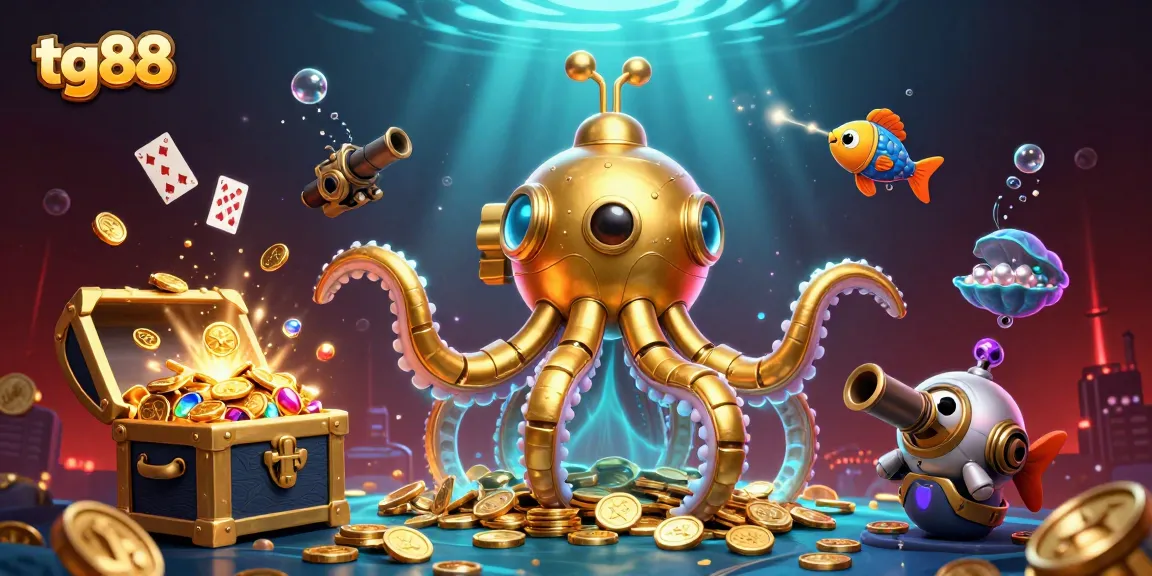 Tg88 casino illustration featuring a golden kraken submarine emerging from gold coins, highlighting exciting gaming elements.