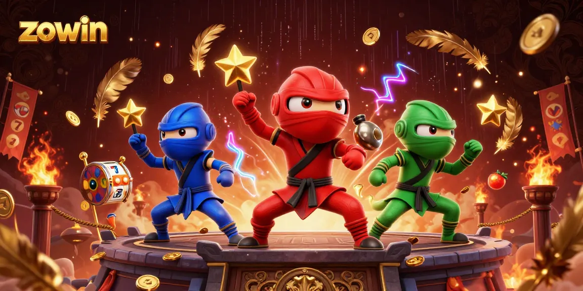 Zowin ninja chameleons showcase dynamic casino action with slot reels and golden tokens.