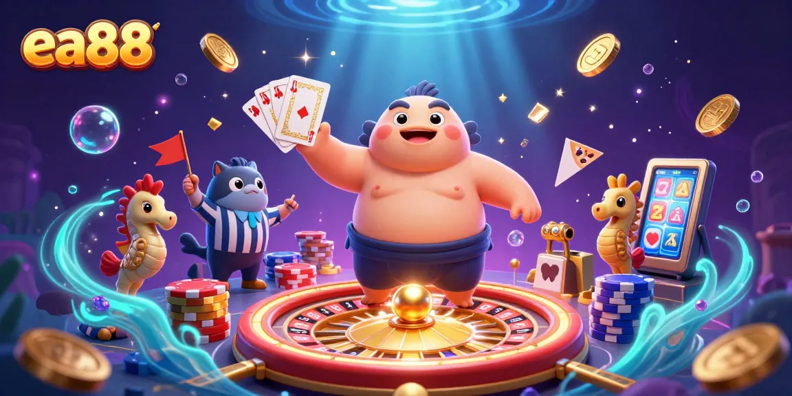 ea88 casino's dynamic underwater scene features a fugu in a sumo belt, vibrant gems, and lively seahorses.